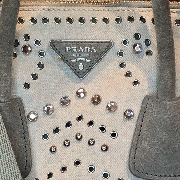 PRADA Canapa Bijoux 2-Way LT Grey Canvas Tote Bag Adorned with Crystals & Studs - Picture 3 of 17